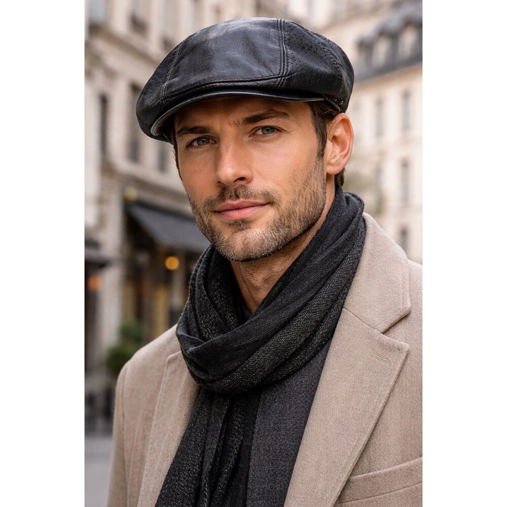 Vtg Bullani Leather Newsboy Cap Black Peaky Blinders Germany Flat Ivy Cabbie Hat